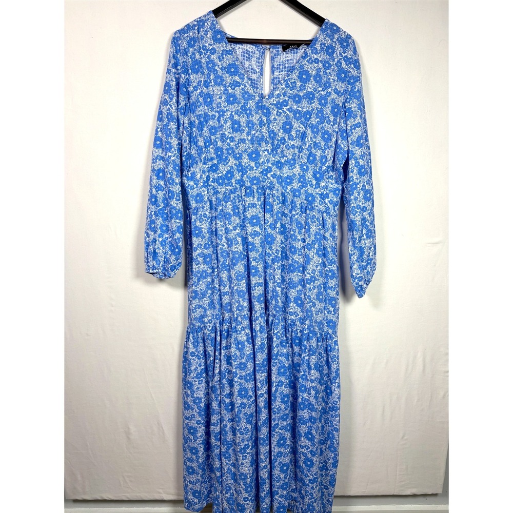 ABLE Maxi Dress Blue Floral Tiered Long Sleeve V-Neck Boho Cottagecore Women XL